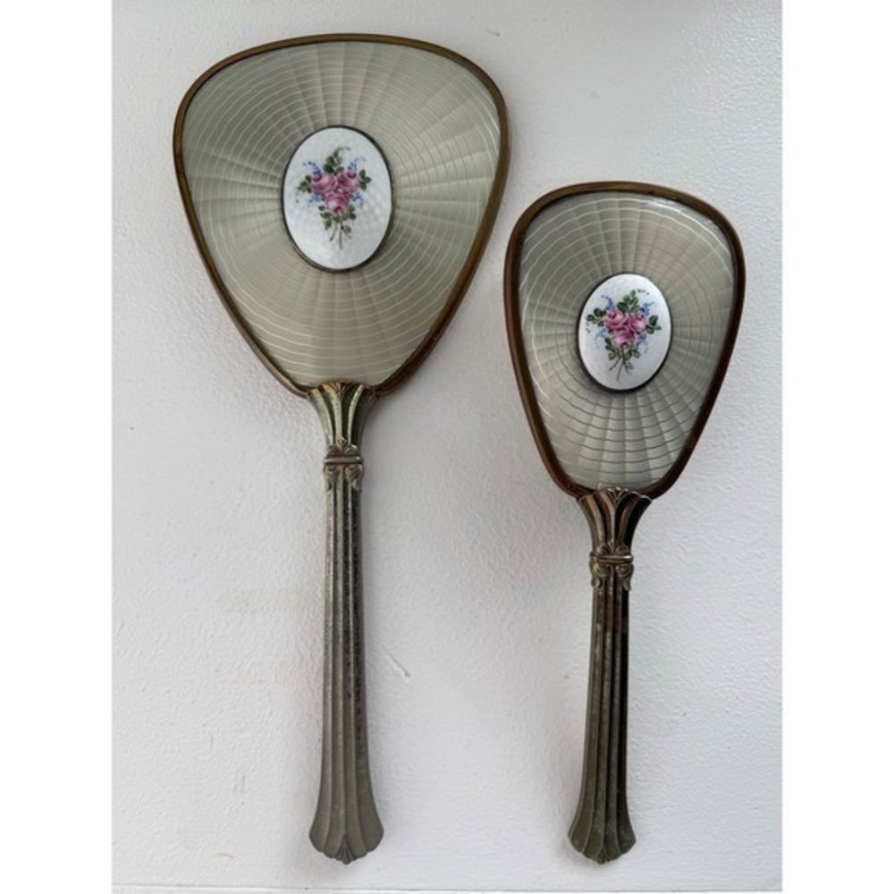 Vintage Guilloche Enamel Vanity Set Hand Mirror & Hair Brush Pink Floral 2pc